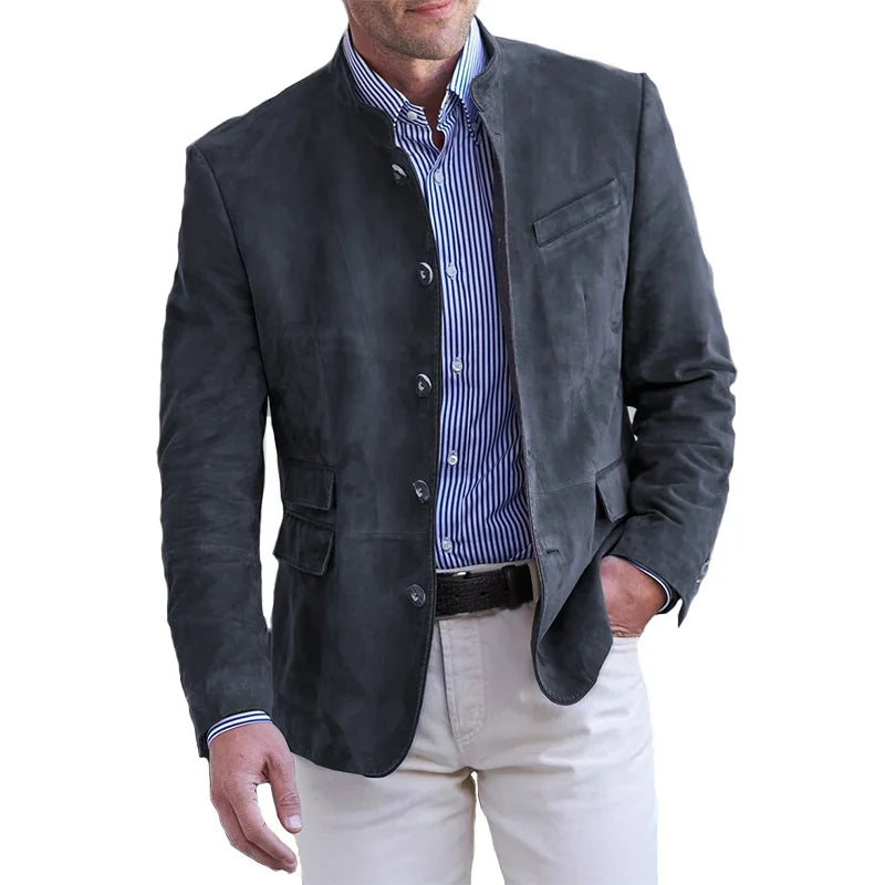 Men's Suede Blazer - Mandarin Collar & Slim Fit
