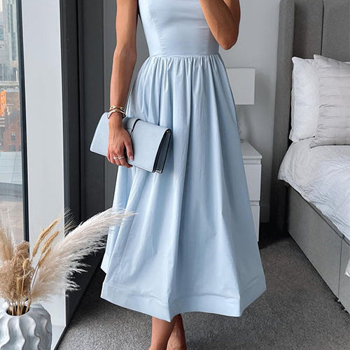 Elegant Fit & Flare Midi Dress - Wedding Guest Dress with Square Neck & Spaghetti Straps