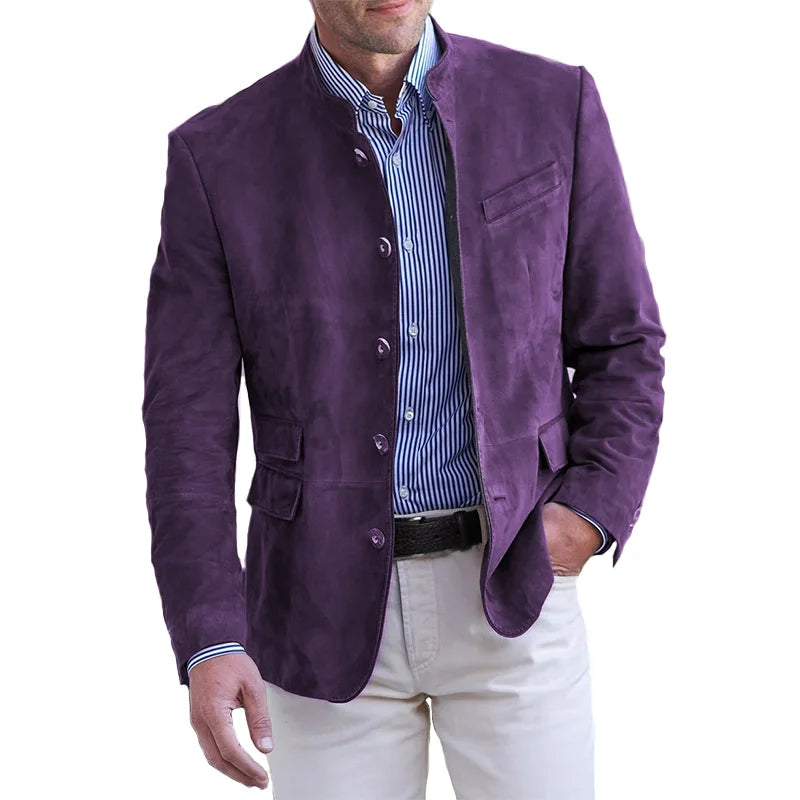 Men's Suede Blazer - Mandarin Collar & Slim Fit