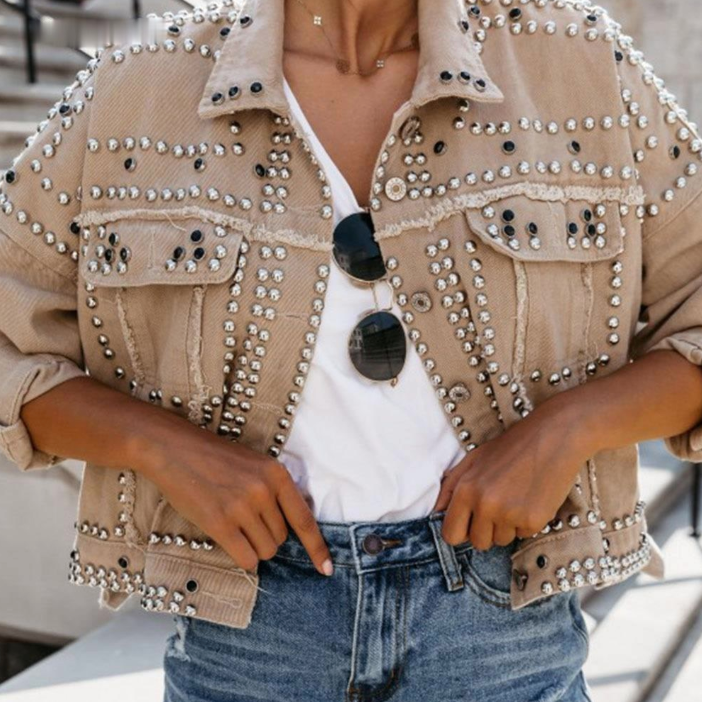 Women's Studded Bomber Jacket - Button Front with Distressed Trim