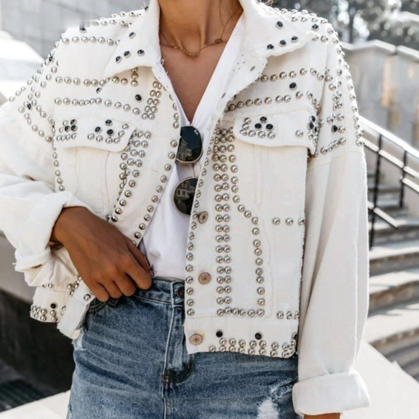 Women's Studded Bomber Jacket - Button Front with Distressed Trim