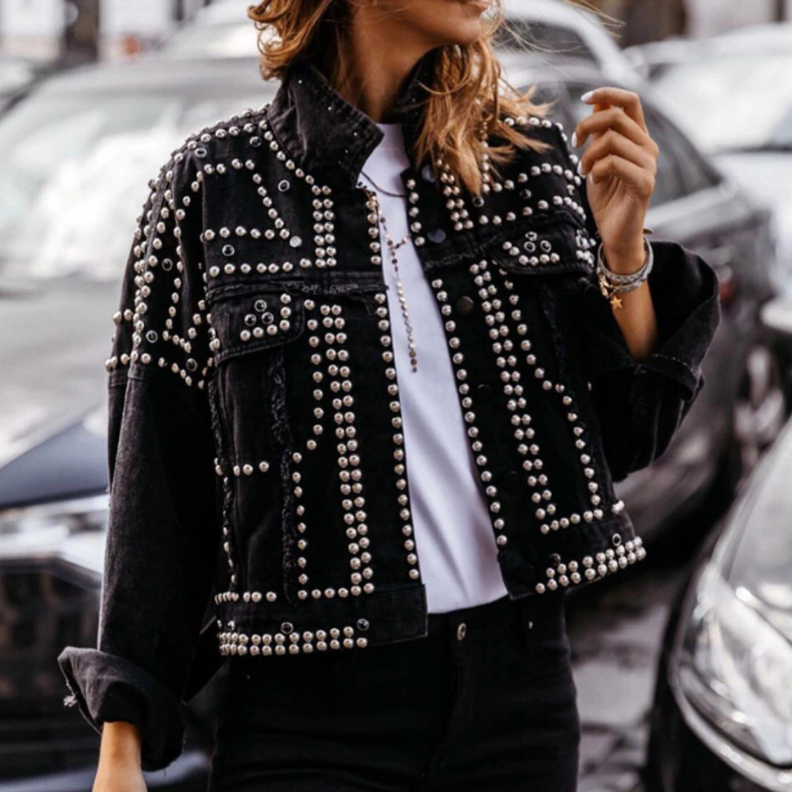 Women's Studded Bomber Jacket - Button Front with Distressed Trim
