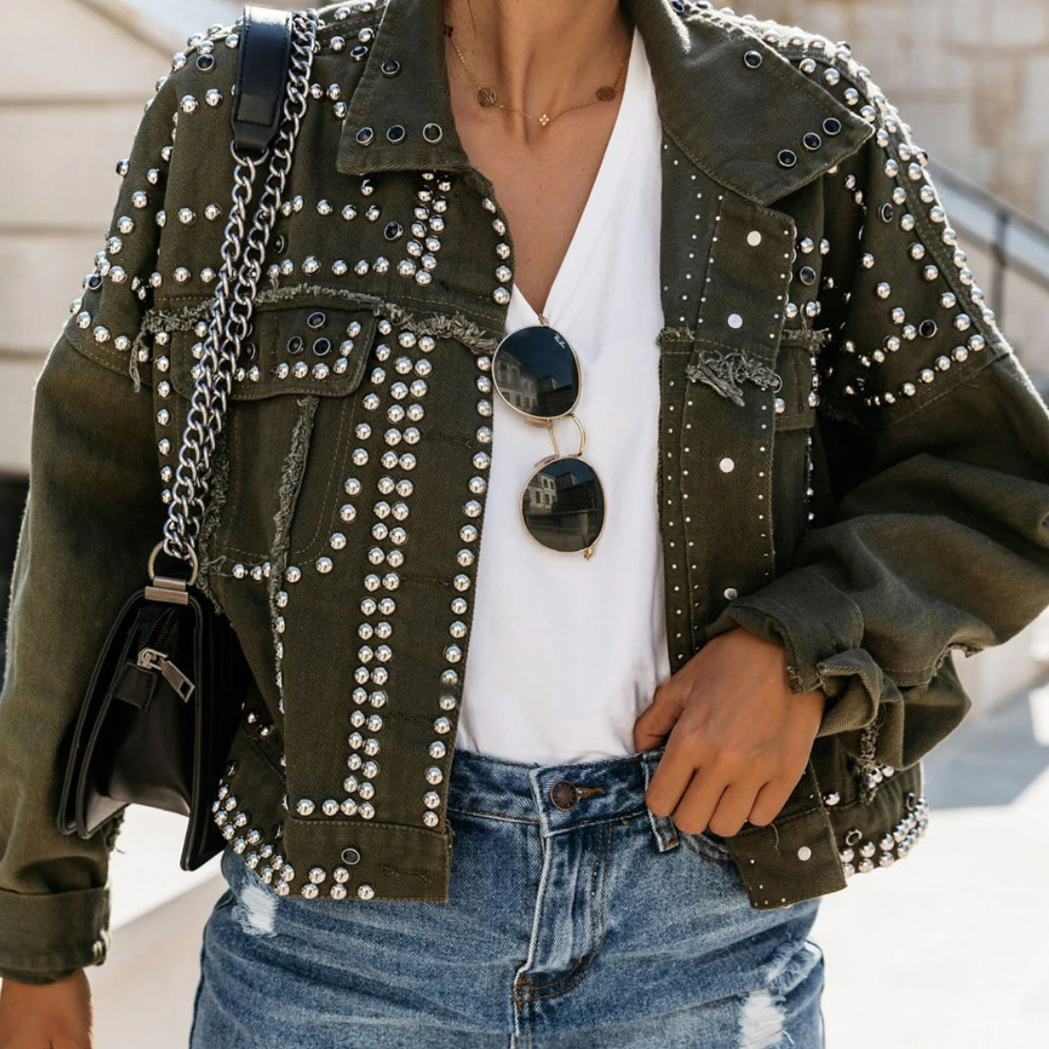 Women's Studded Bomber Jacket - Button Front with Distressed Trim