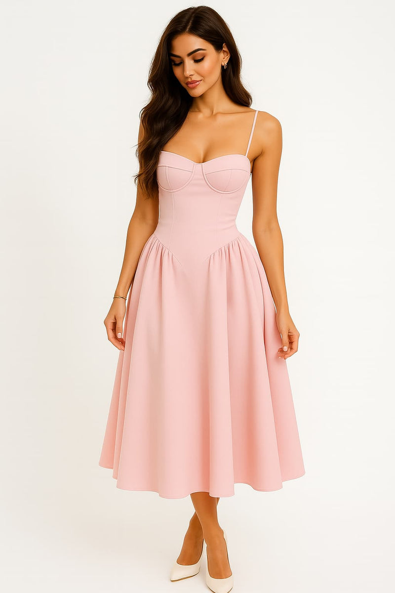 Pink Wedding Guest Dress for Women, Corset Bodice A-Line Midi Dress ...
