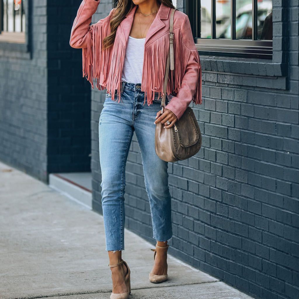 Women's Fringed Jacket - Cropped with Lapel Collar