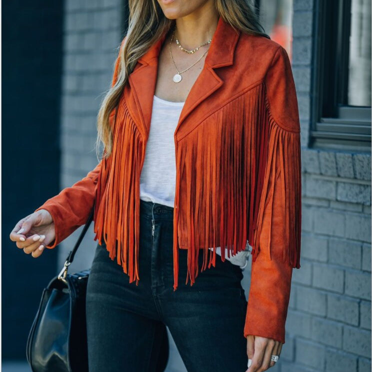 Women's Fringed Jacket - Cropped with Lapel Collar