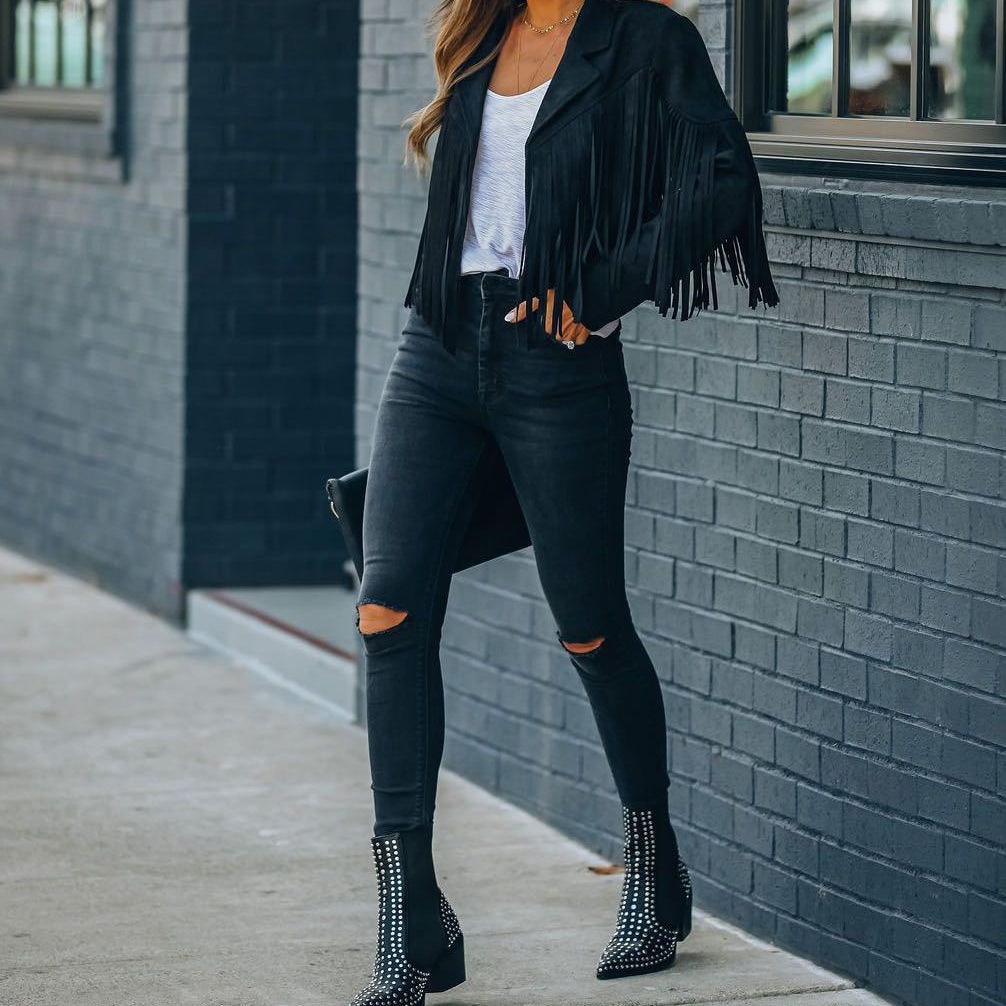 Women's Fringed Jacket - Cropped with Lapel Collar