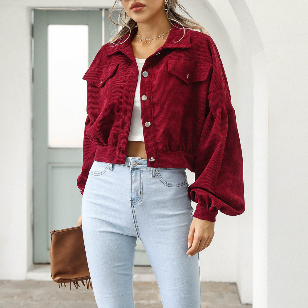 Women's Corduroy Cropped Denim Jacket - Oversized Fit Balloon Sleeves
