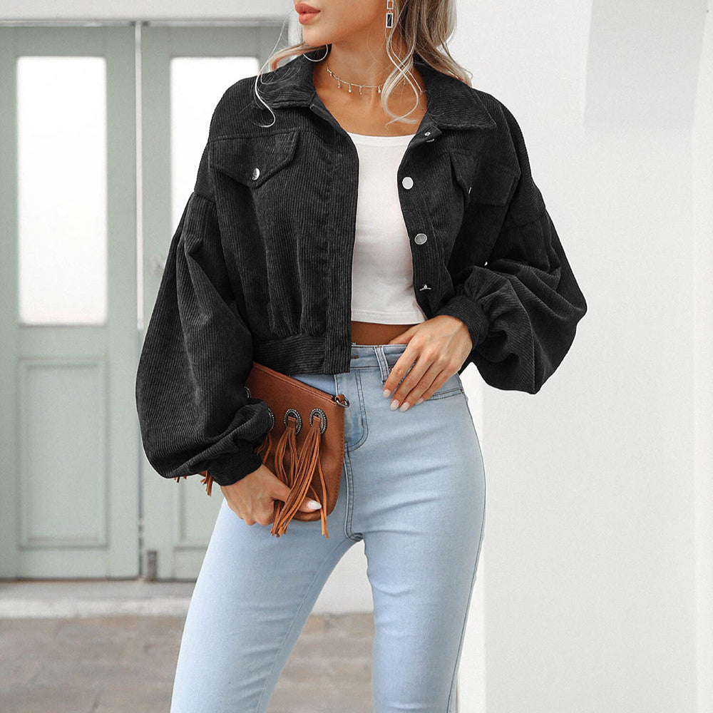 Women's Corduroy Cropped Denim Jacket - Oversized Fit Balloon Sleeves