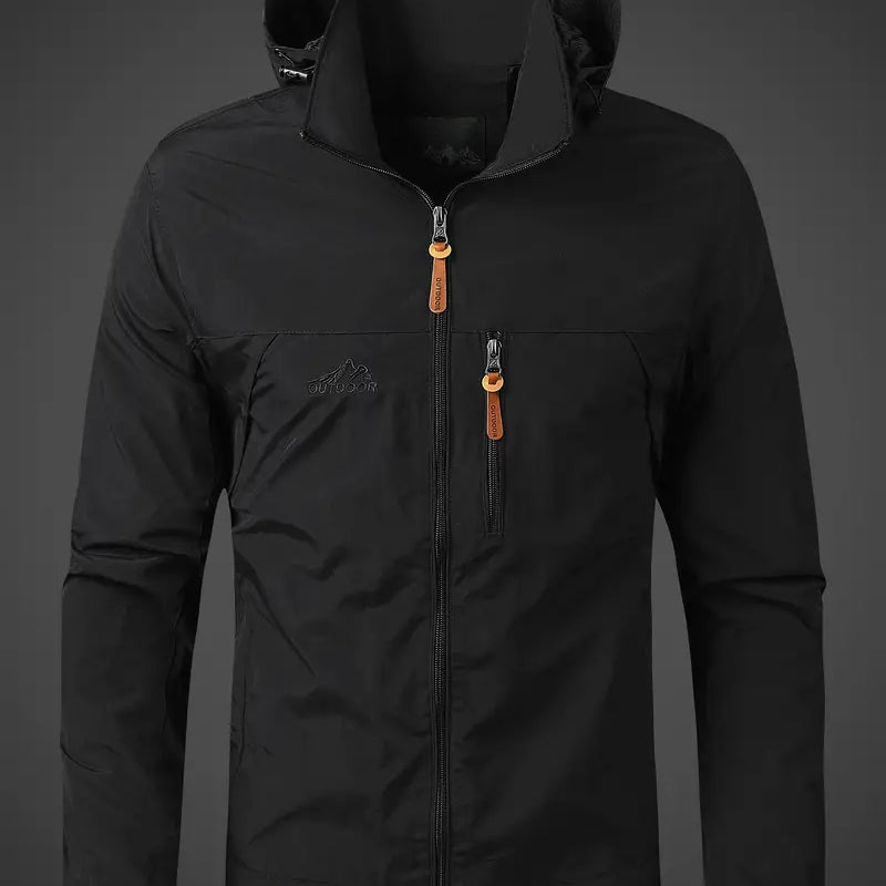 Men's Waterproof Hooded Jacket - Full-Zip with Zippered Pockets
