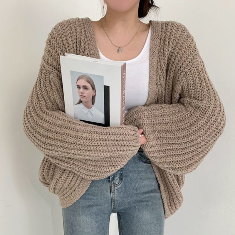 Women's Chunky Knit Cardigan - Balloon Sleeve & Open Front