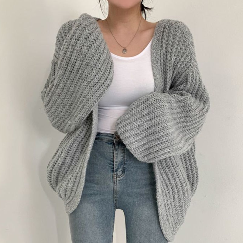 Women's Chunky Knit Cardigan - Balloon Sleeve & Open Front