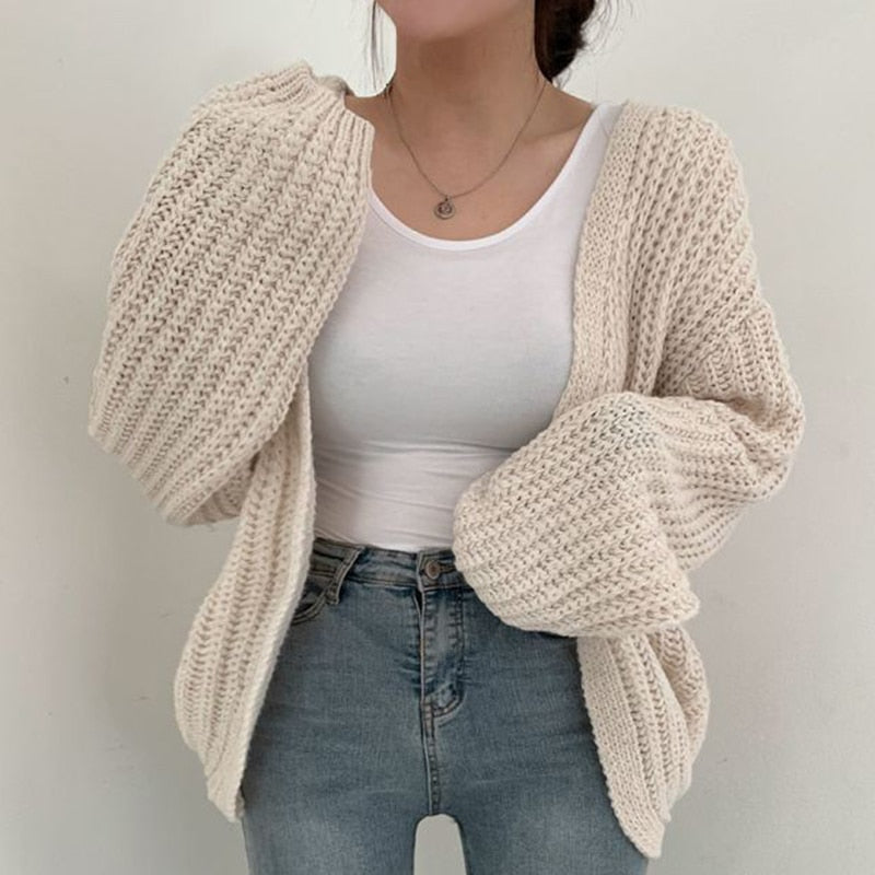 Women's Chunky Knit Cardigan - Balloon Sleeve & Open Front
