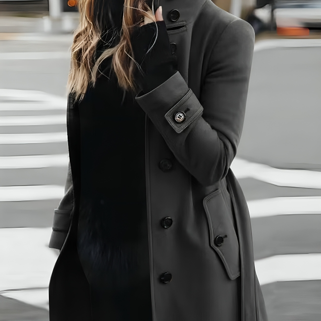 Women's Coat - Long with High Collar and Tie-Belt