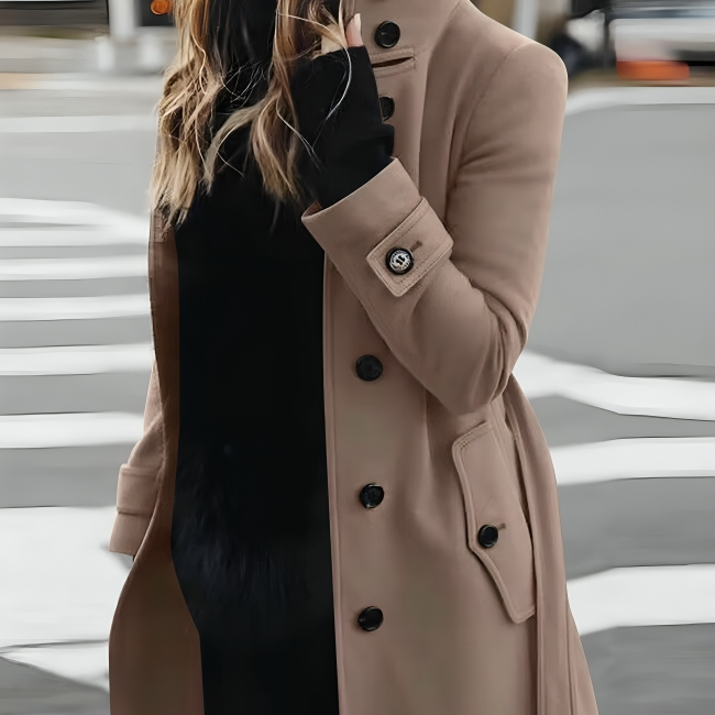 Women's Coat - Long with High Collar and Tie-Belt