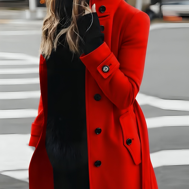 Women's Coat - Long with High Collar and Tie-Belt