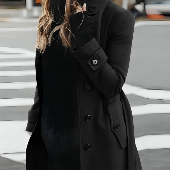 Women's Coat - Long with High Collar and Tie-Belt