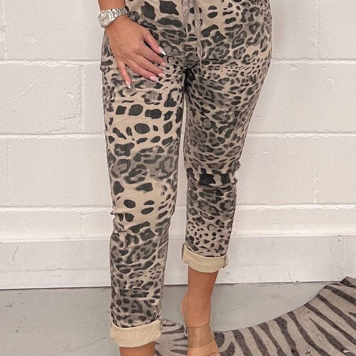Women's Leopard Print Drawstring Trousers - Comfortable Cuffed Casual