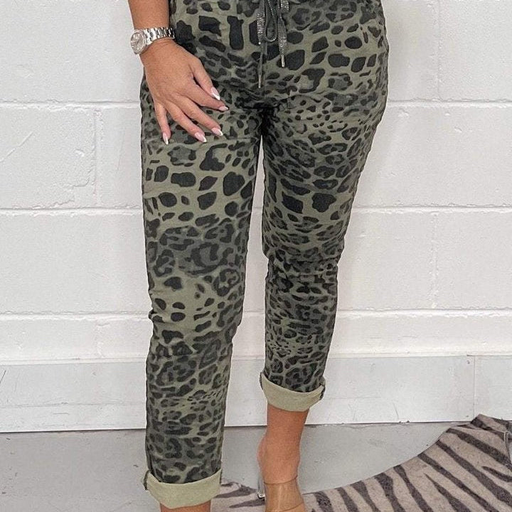 Women's Leopard Print Drawstring Trousers - Comfortable Cuffed Casual