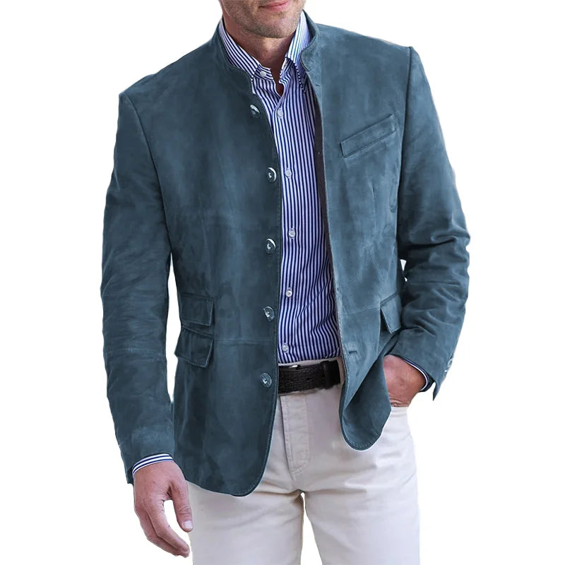 Men's Suede Blazer - Mandarin Collar & Slim Fit