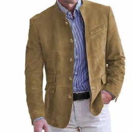 Men's Suede Blazer - Mandarin Collar & Slim Fit