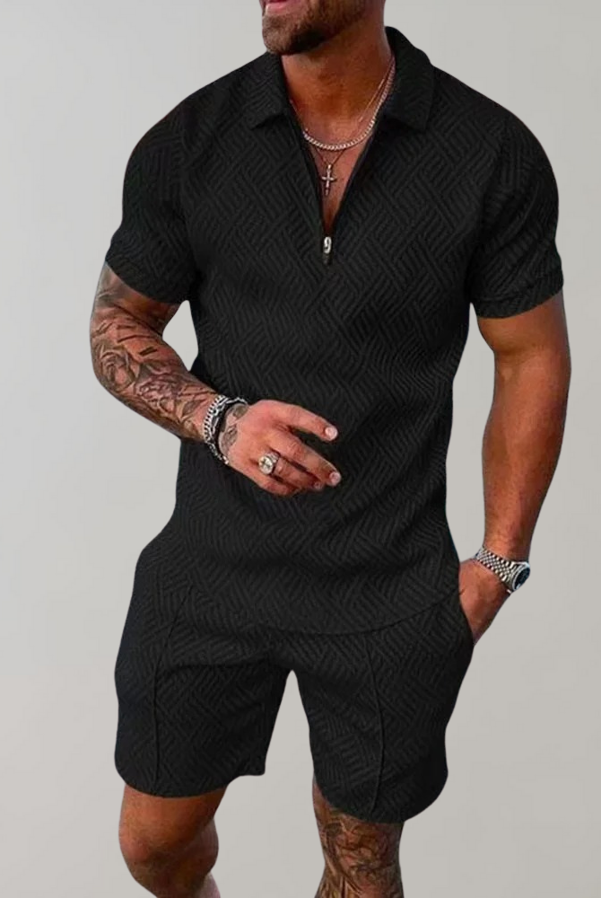 Classic black patterned polo shirt and shorts set for men