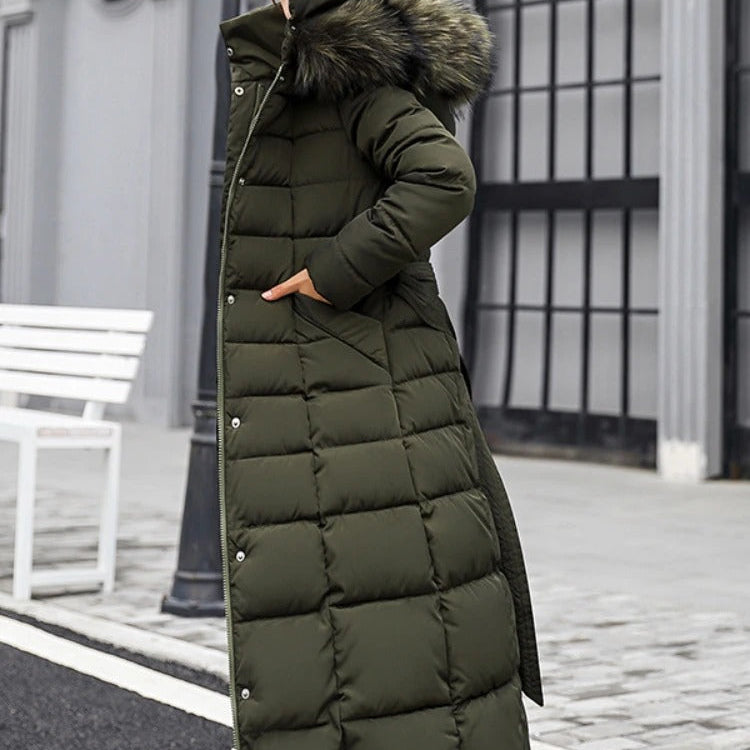 Women's Padded Parka - Soft Lined Hood with Belted Waist