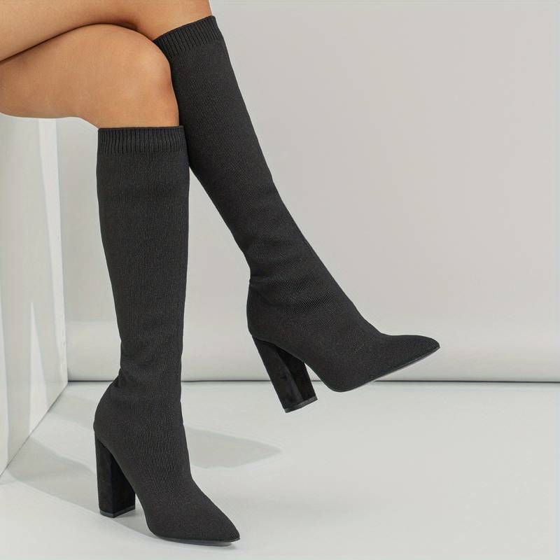 Women's Knee-High Boots - Sock Fit with Pointed Toe and High Block Heel