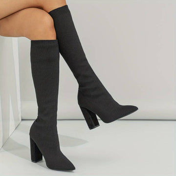 Women's Knee-High Boots - Sock Fit with Pointed Toe and High Block Heel