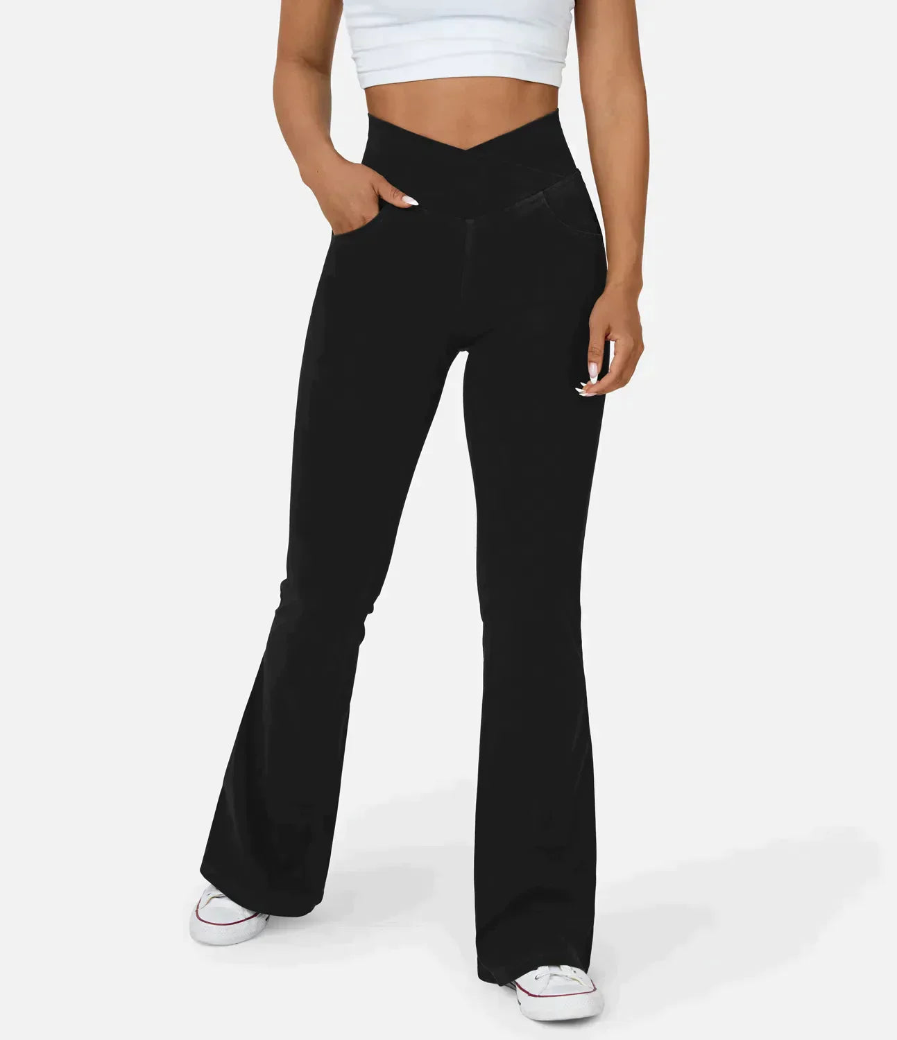 Women's High-Waisted Flared Jeans - Crisscross Waist