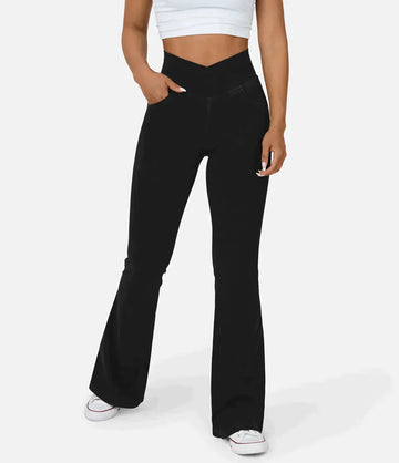 Women's High-Waisted Flared Jeans - Crisscross Waist