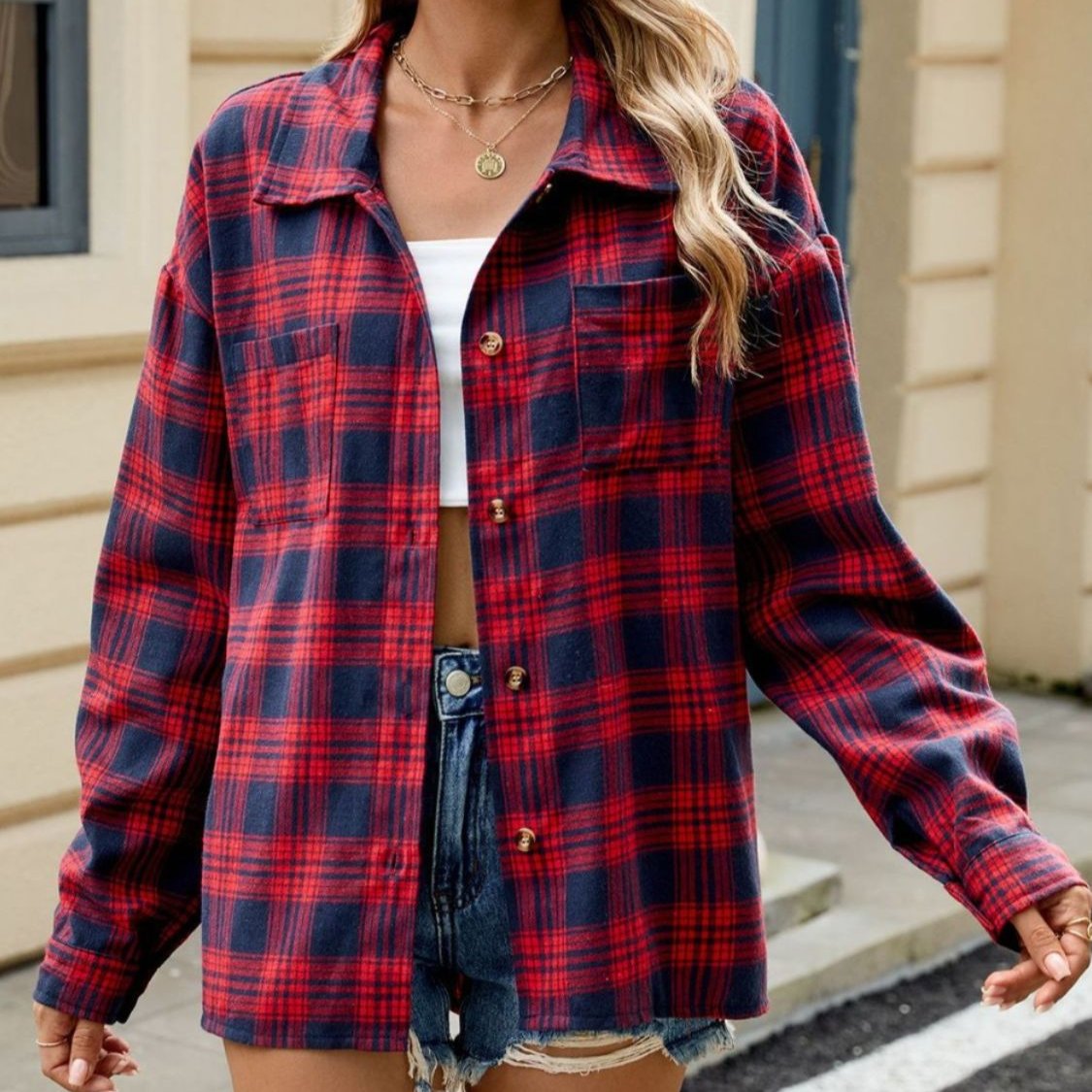 Women's Plaid Shirt - Button-Front with Chest Pockets