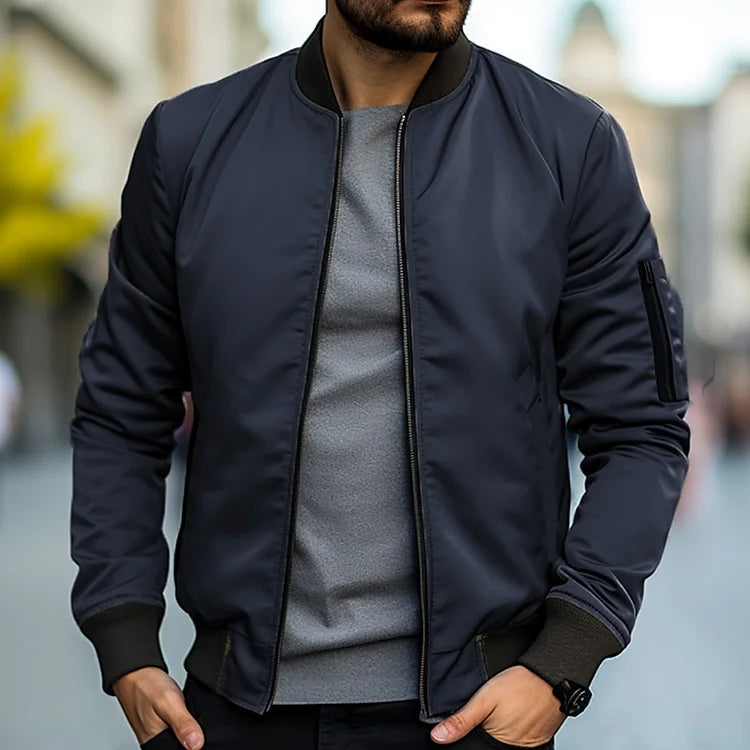Men's Bomber Jacket - Ribbed Trim and Zippered Sleeve Pocket