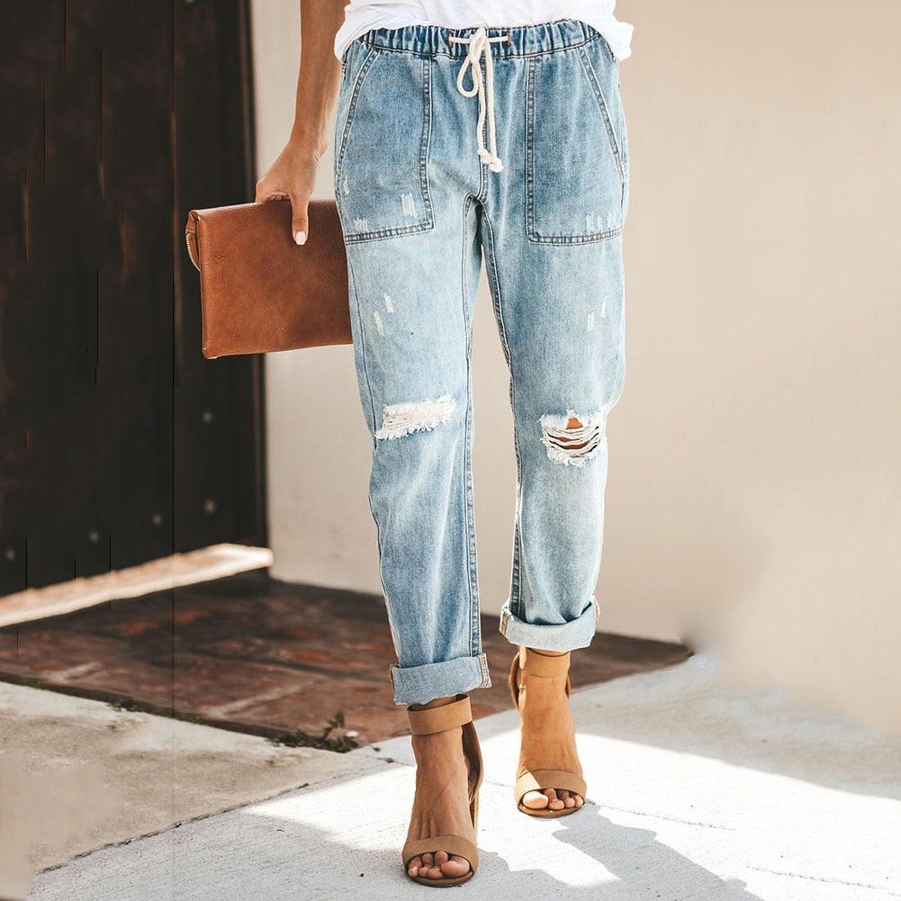 Women's Straight-Leg Jeans - Drawstring Waist & Patch Pockets