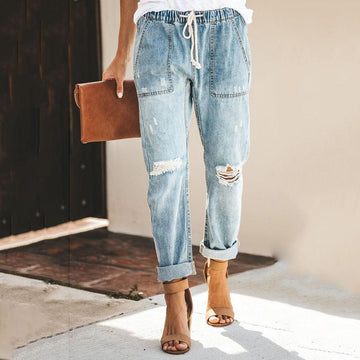 Women's Straight-Leg Jeans - Drawstring Waist & Patch Pockets