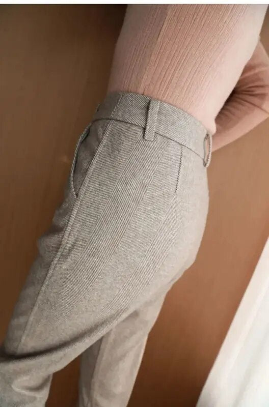 Women's High Waisted Work Trousers - Herringbone Tapered Fit