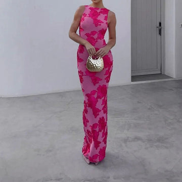 Women's Pink Floral Embroidered Maxi Dress - Bodycon Sleeveless Formal