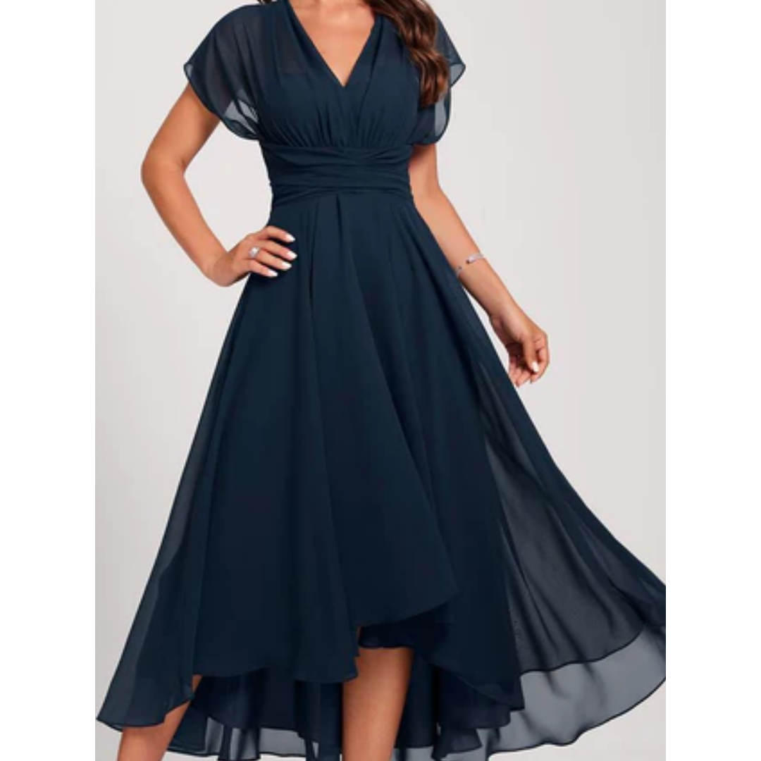 Women's Navy Blue Flared Midi Dress - Elegant V-Neck Timeless