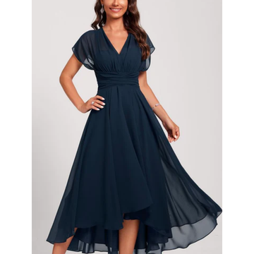 Women's Navy Blue Flared Midi Dress - Elegant V-Neck Timeless