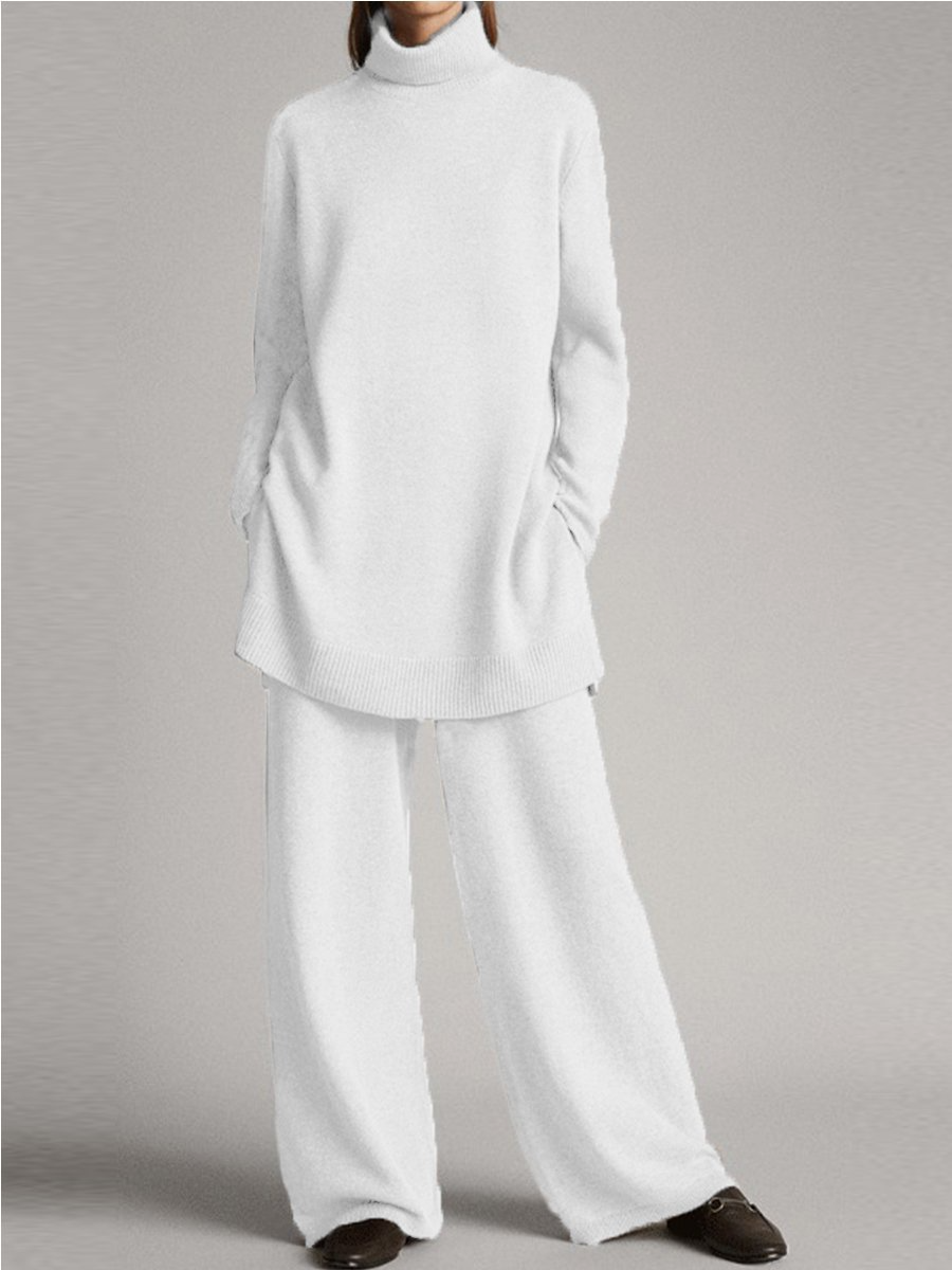 Women's Loungewear Set - Roll Neck Jumper with Wide Leg Trousers