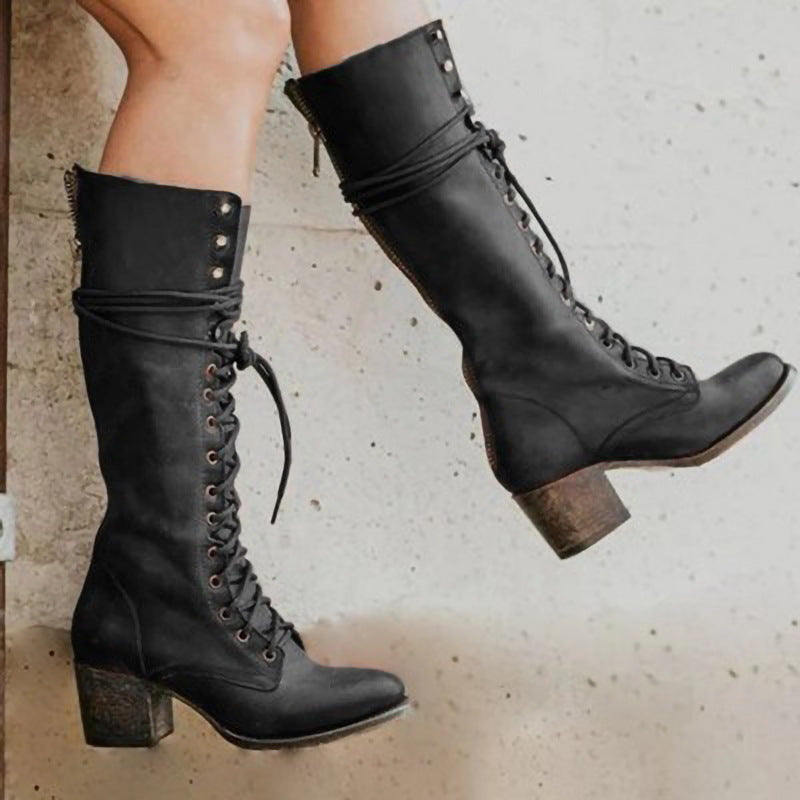 Women's Knee-High Boots - Lace-Up with Side Zip and Mid Block Heel