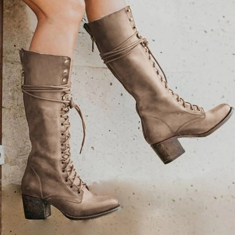 Women's Knee-High Boots - Lace-Up with Side Zip and Mid Block Heel