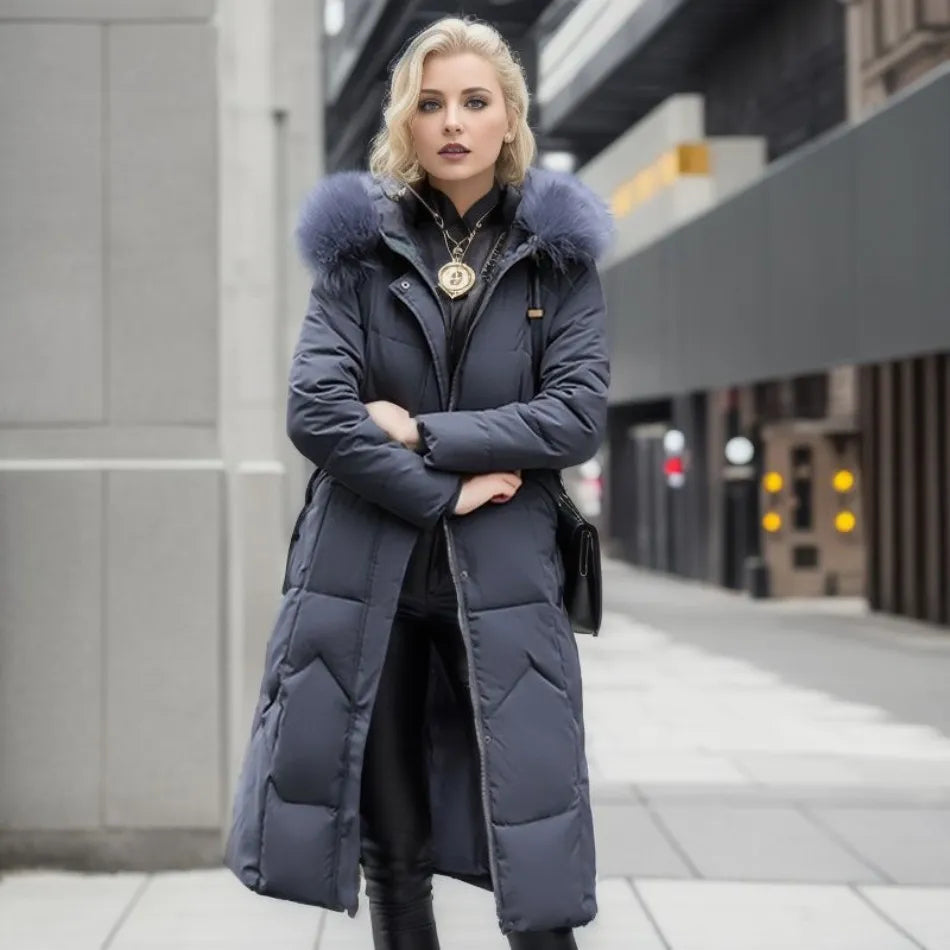 Women's Long Winter Parka - Fluffy Trim Hooded Design