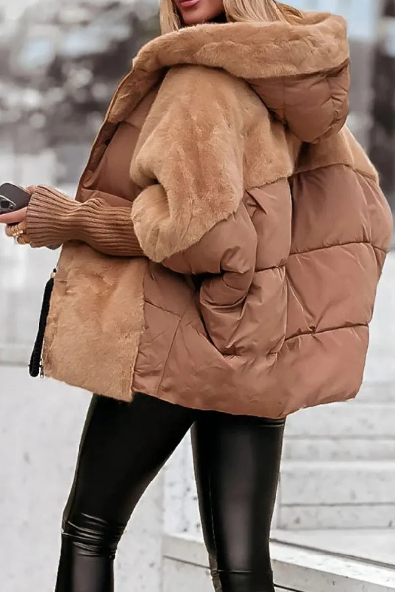 Women's Winter Jacket - Hooded Padded with Plush Panel Design