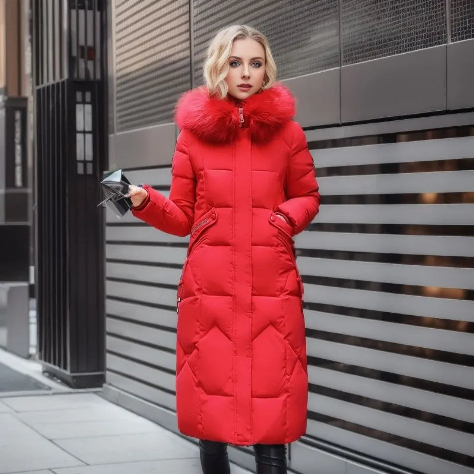 Women's Long Winter Parka - Fluffy Trim Hooded Design