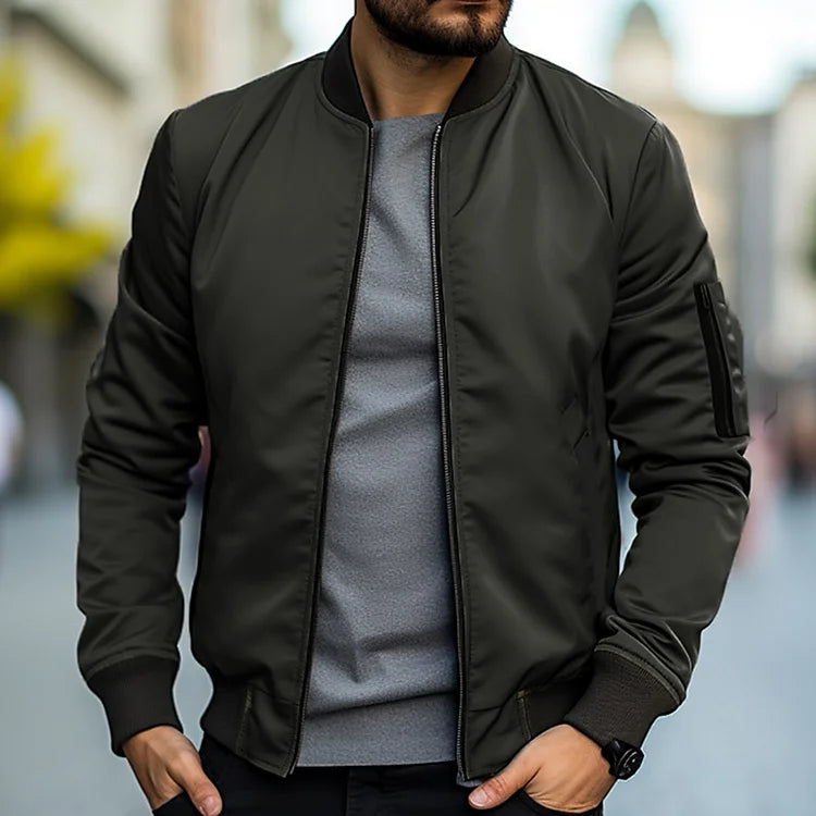 Men's Bomber Jacket - Ribbed Trim and Zippered Sleeve Pocket