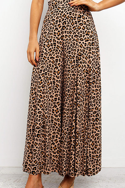 Women's Leopard Print Capri Trousers - High Waist Wide Leg