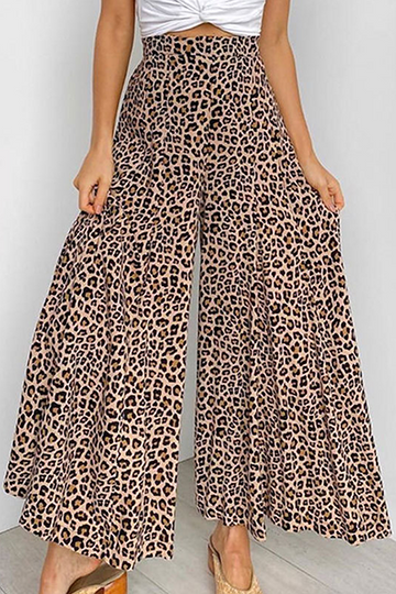 Women's Leopard Print Capri Trousers - High Waist Wide Leg