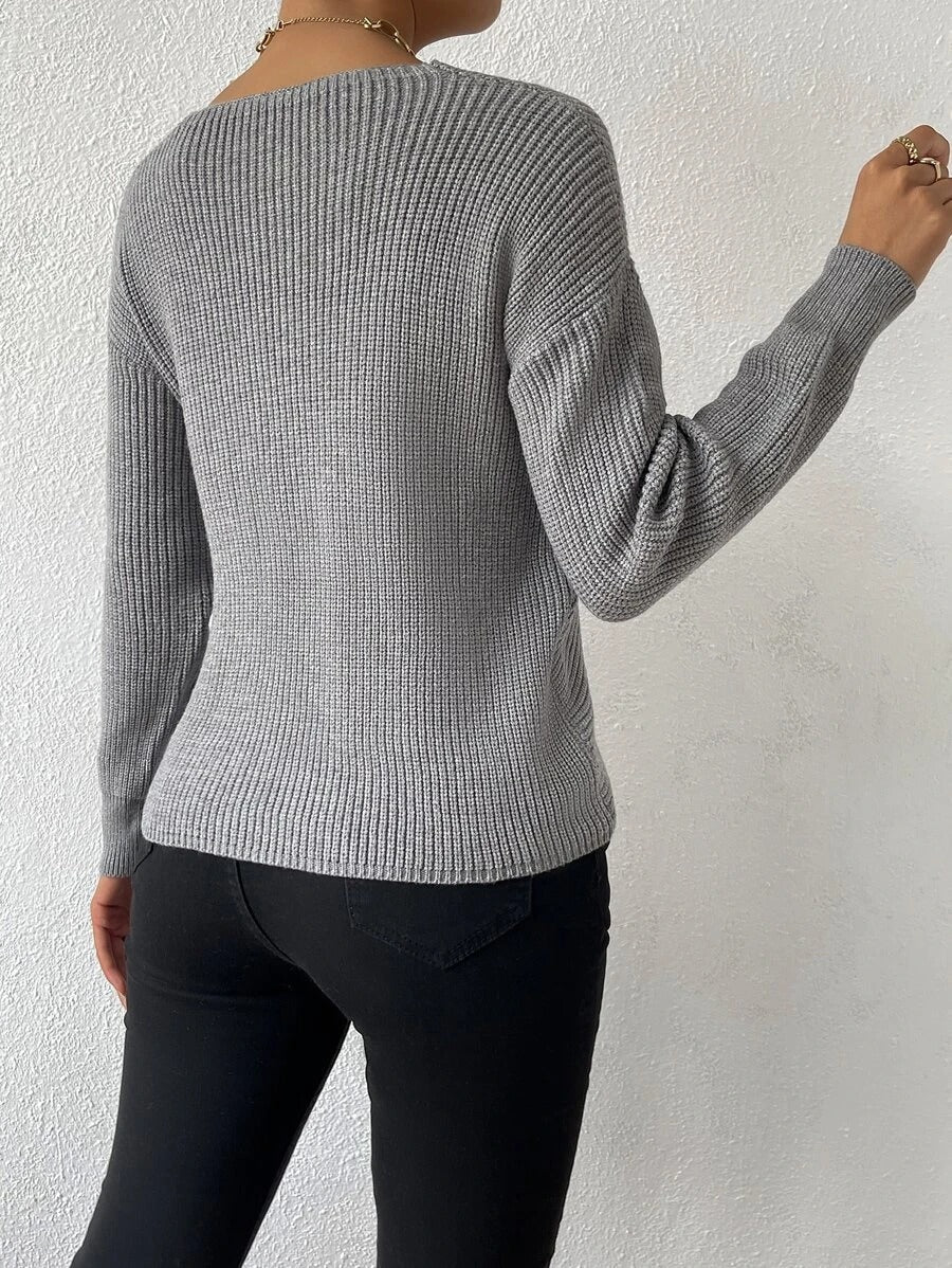 Women's Grey Jumper - Wrap-Front with V-Neck