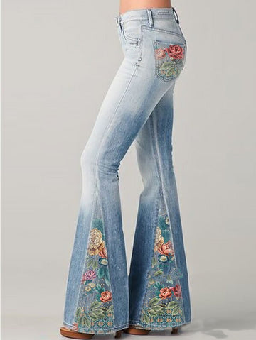 Women's Ombre Floral Flared Jeans - High-Waisted Fit